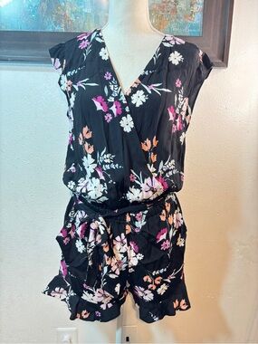 LOFT Black Floral V-Neck Tie-Waist Romper